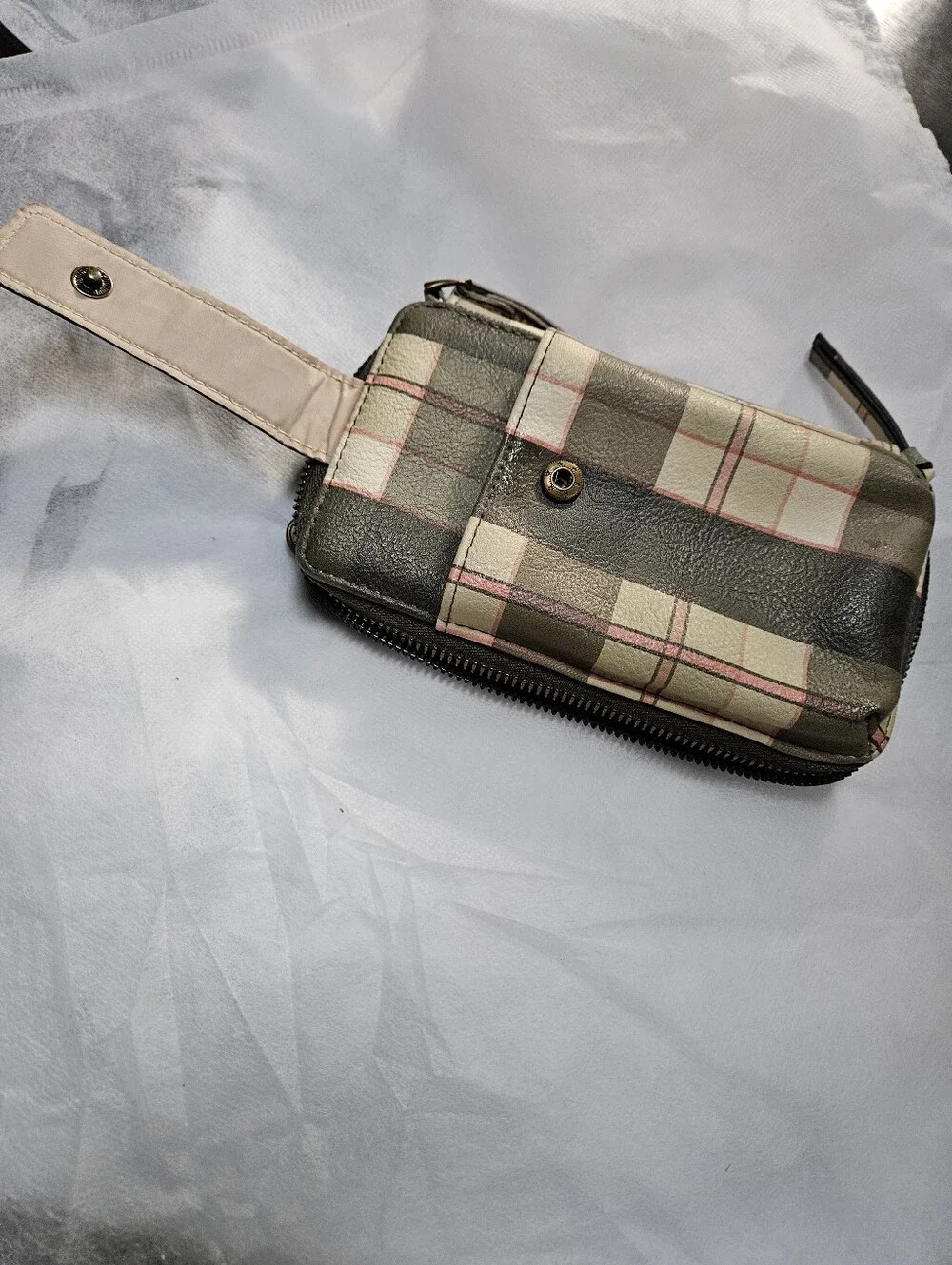 Leather Wristlet Clutch in Green Plaid